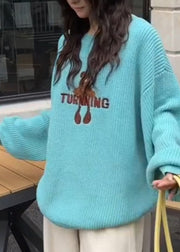 New Blue O Neck Embroidered Knit Sweaters Top Winter