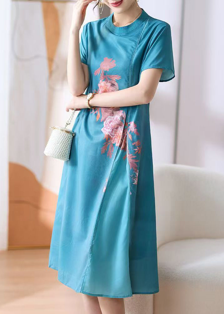 New Blue O-Neck Print Button Cotton Dress Summer