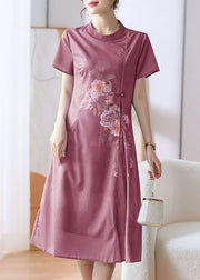 New Blue O-Neck Print Button Cotton Dress Summer
