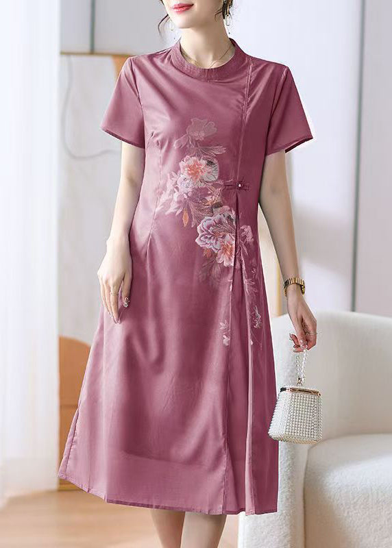 New Blue O-Neck Print Button Cotton Dress Summer