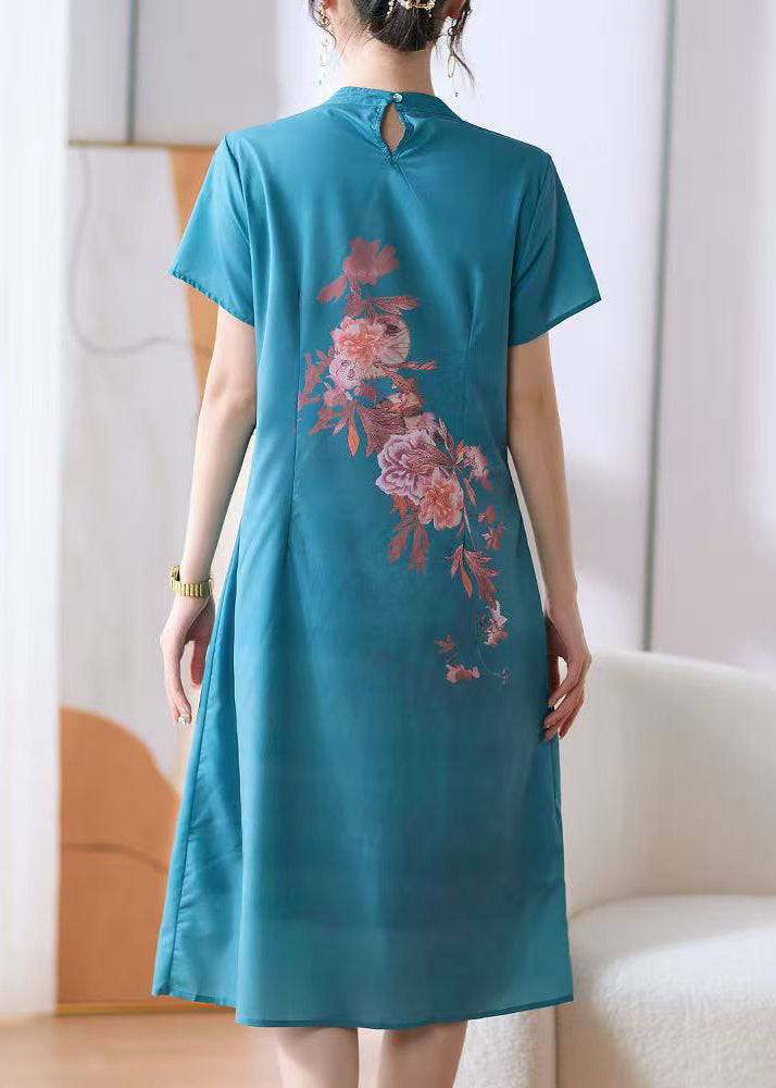 New Blue O-Neck Print Button Cotton Dress Summer