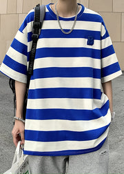 New Blue O Neck Striped Cotton Men's Grunt Style T Shirts Summer