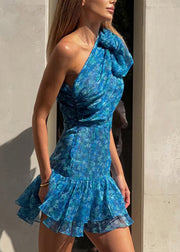 New Blue One Shoulder Ruffled Print Chiffon Dress Summer