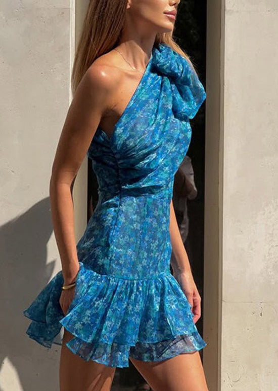 New Blue One Shoulder Ruffled Print Chiffon Dress Summer