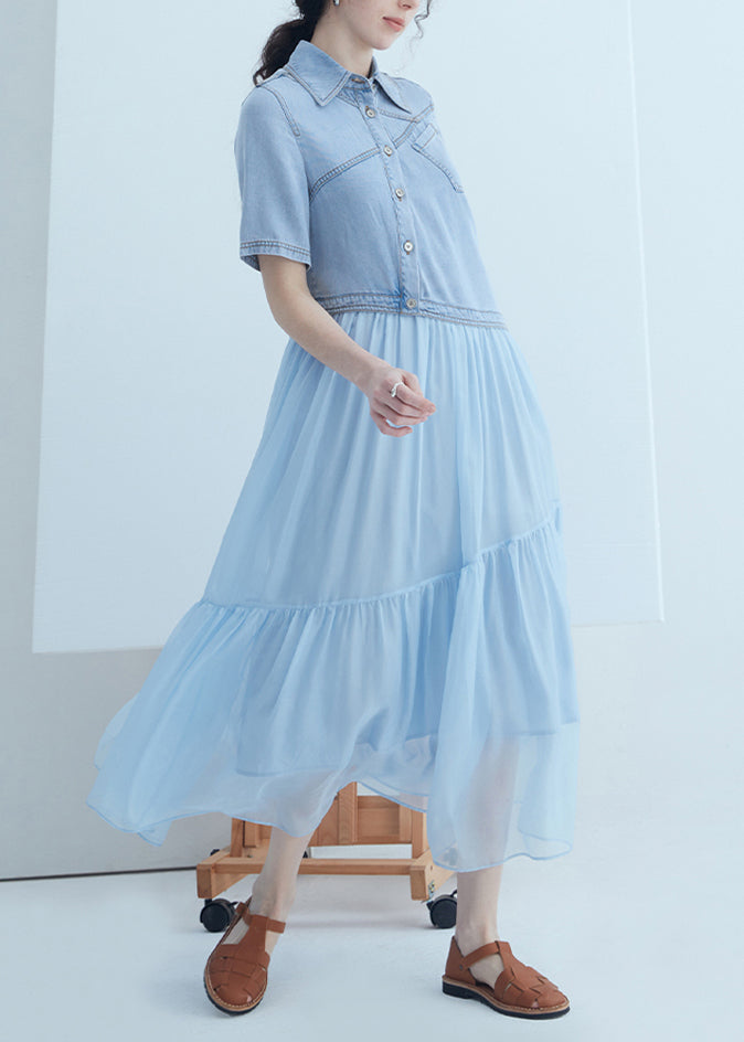 New Blue Peter Pan Collar Asymmetrical Denim Patchwork Silk Dress Summer