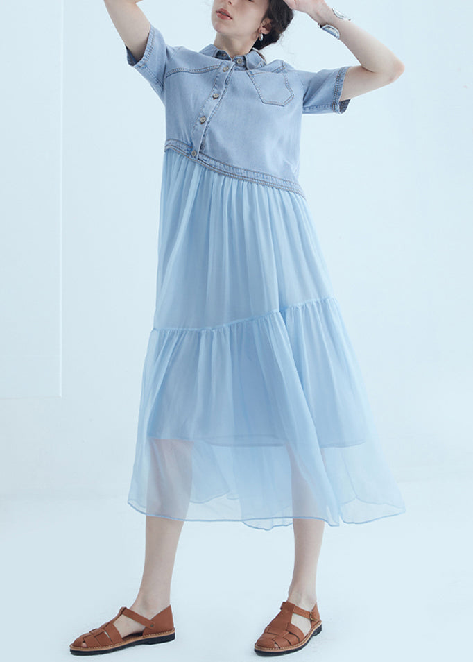 New Blue Peter Pan Collar Asymmetrical Denim Patchwork Silk Dress Summer
