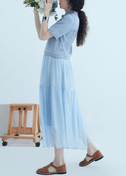 New Blue Peter Pan Collar Asymmetrical Denim Patchwork Silk Dress Summer