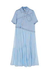 New Blue Peter Pan Collar Asymmetrical Denim Patchwork Silk Dress Summer