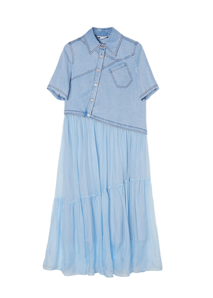New Blue Peter Pan Collar Asymmetrical Denim Patchwork Silk Dress Summer