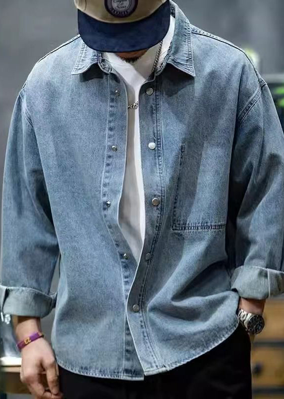 New Blue Peter Pan Collar Button Denim Men Shirt Spring