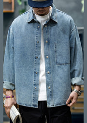 New Blue Peter Pan Collar Button Denim Men Shirt Spring