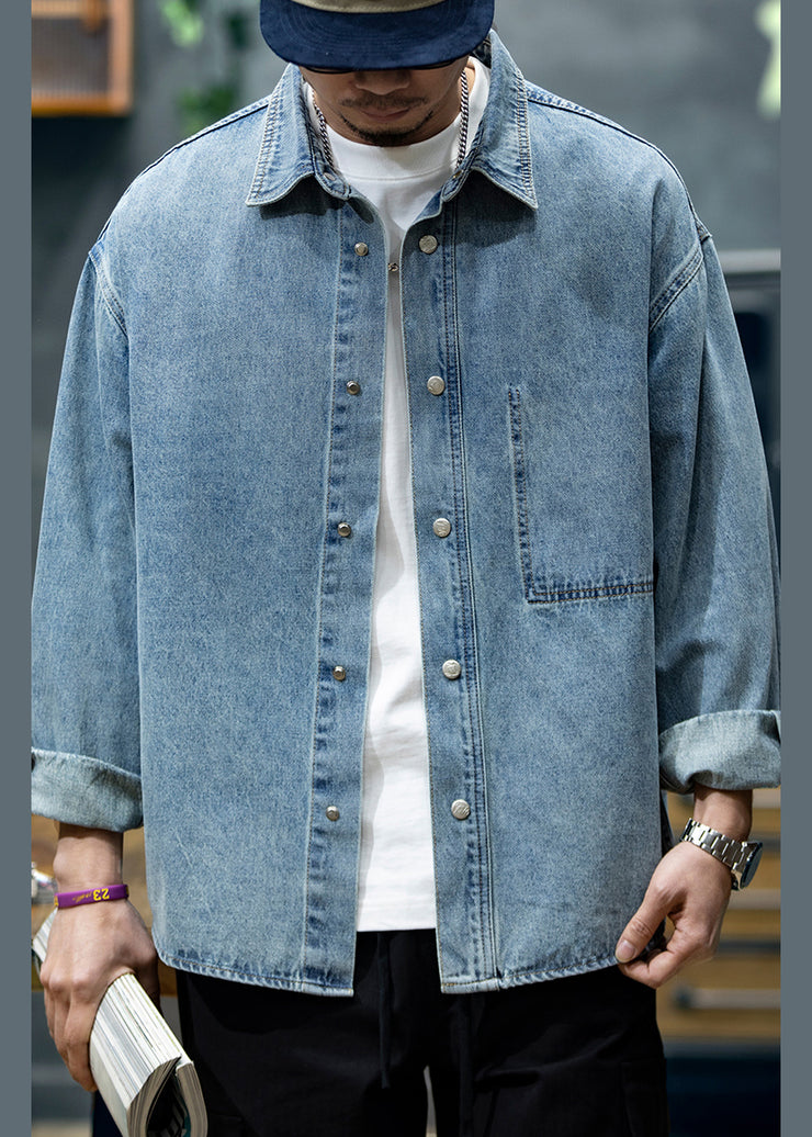 New Blue Peter Pan Collar Button Denim Men Shirt Spring