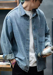 New Blue Peter Pan Collar Button Denim Men Shirt Spring