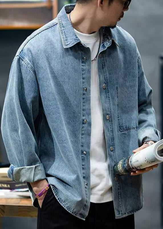 New Blue Peter Pan Collar Button Denim Men Shirt Spring