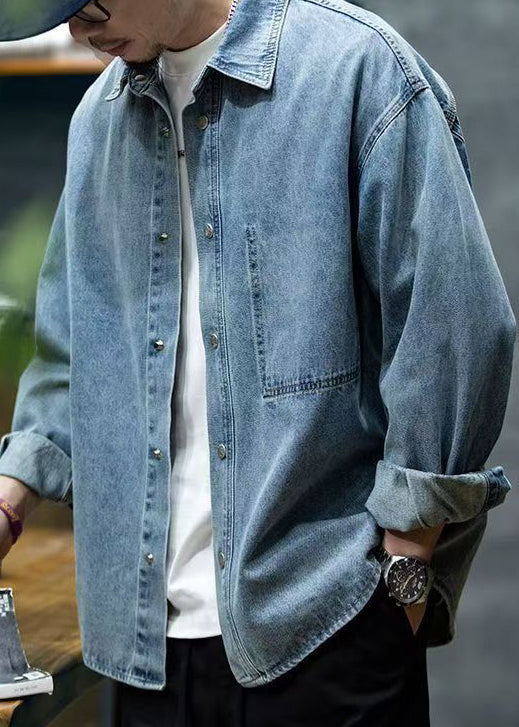 New Blue Peter Pan Collar Button Denim Men Shirt Spring
