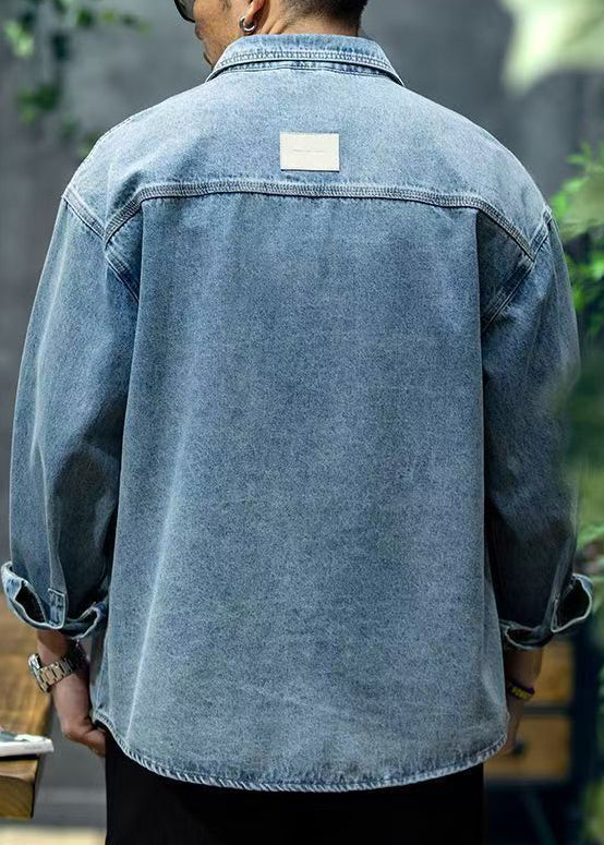 New Blue Peter Pan Collar Button Denim Men Shirt Spring