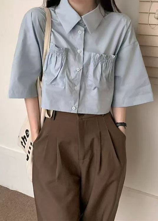 New Blue Peter Pan Collar Button Pockets Cotton Shirt Summer