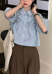 New Blue Peter Pan Collar Button Pockets Cotton Shirt Summer