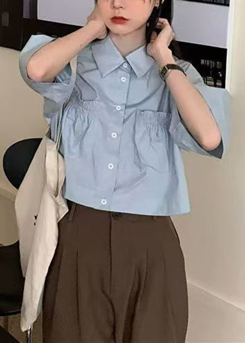 New Blue Peter Pan Collar Button Pockets Cotton Shirt Summer