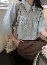 New Blue Peter Pan Collar Button Pockets Cotton Shirt Summer