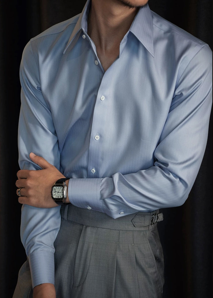 New Blue Peter Pan Collar Button Solid Cotton Men Shirts Fall
