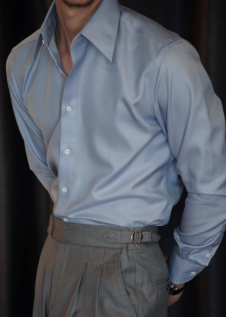 New Blue Peter Pan Collar Button Solid Cotton Men Shirts Fall
