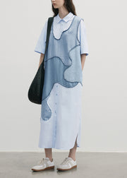 New Blue Peter Pan Collar Patchwork Cotton Shirts Dresses Summer
