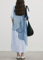 New Blue Peter Pan Collar Patchwork Cotton Shirts Dresses Summer