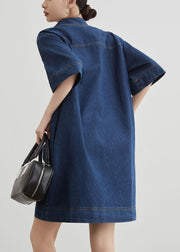 New Blue Peter Pan Collar Pockets Denim Mid Dress Summer