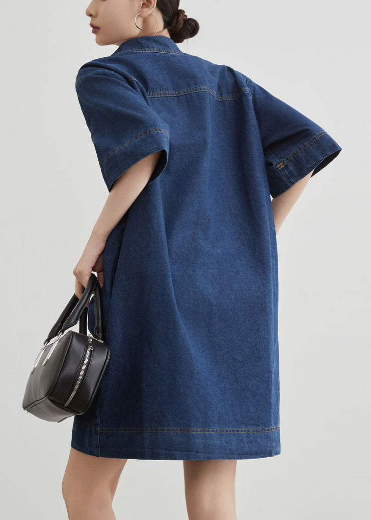New Blue Peter Pan Collar Pockets Denim Mid Dress Summer
