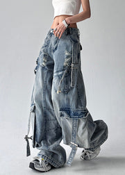 New Blue Pockets Hole High Waist Denim Wide Leg Pants Fall
