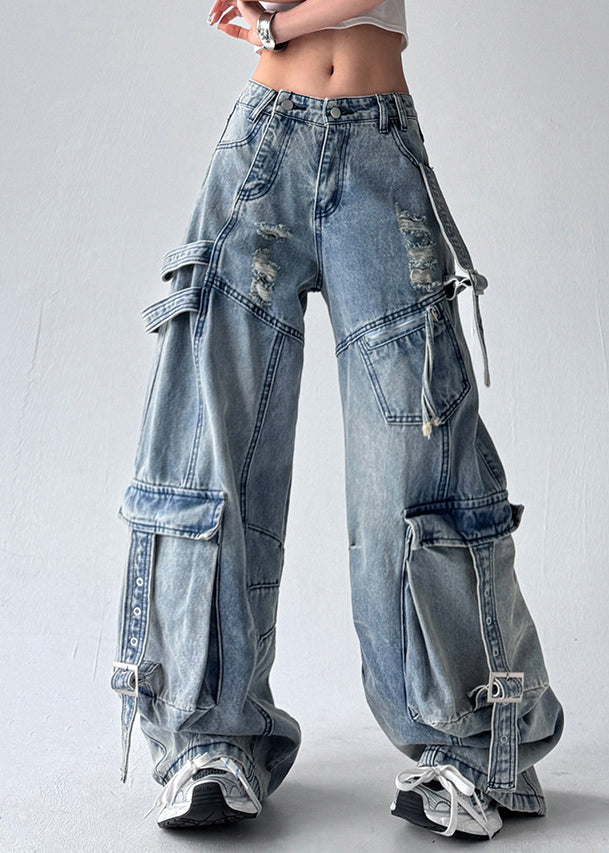 New Blue Pockets Hole High Waist Denim Wide Leg Pants Fall