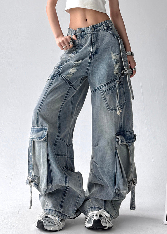 New Blue Pockets Hole High Waist Denim Wide Leg Pants Fall