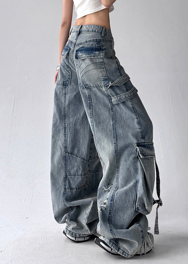 New Blue Pockets Hole High Waist Denim Wide Leg Pants Fall