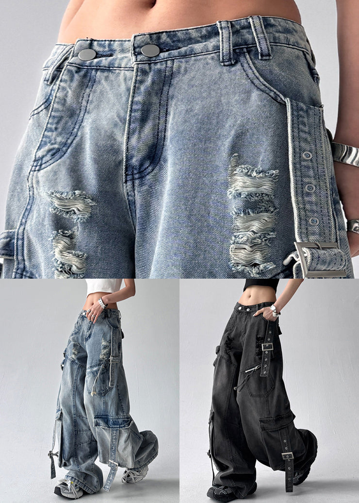 New Blue Pockets Hole High Waist Denim Wide Leg Pants Fall