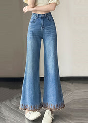 New Blue Pockets Patchwork Denim Flared Trousers Fall