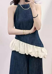 New Blue Pockets Patchwork Tops And Wide Leg Pants Denim Two Pieces Set Sleeveless
