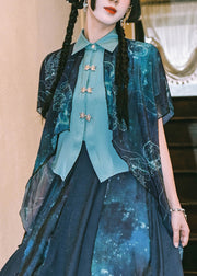 New Blue Print False Two Pieces Patchwork Chiffon Blouses Summer