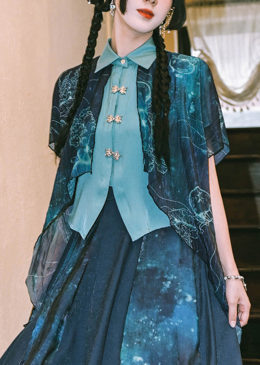 New Blue Print False Two Pieces Patchwork Chiffon Blouses Summer
