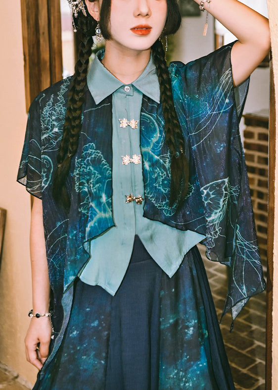 New Blue Print False Two Pieces Patchwork Chiffon Blouses Summer