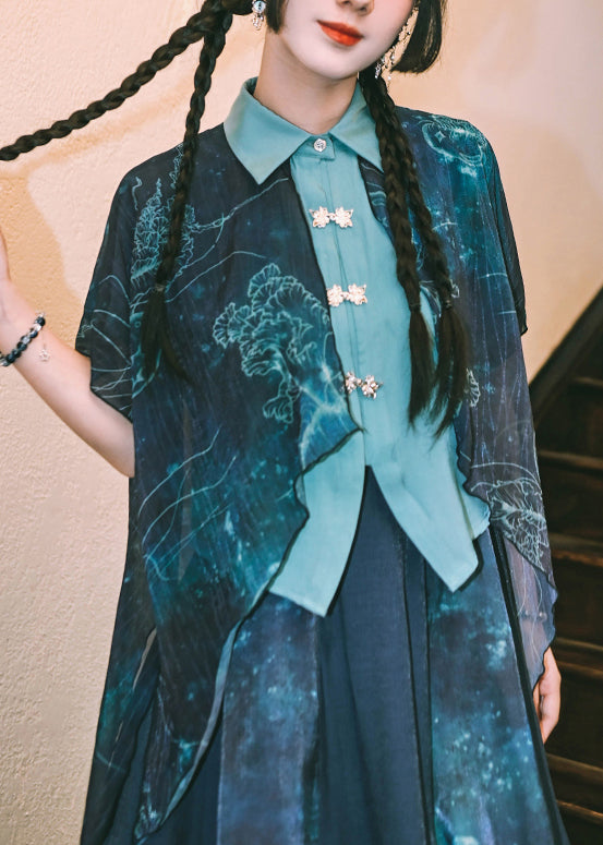 New Blue Print False Two Pieces Patchwork Chiffon Blouses Summer
