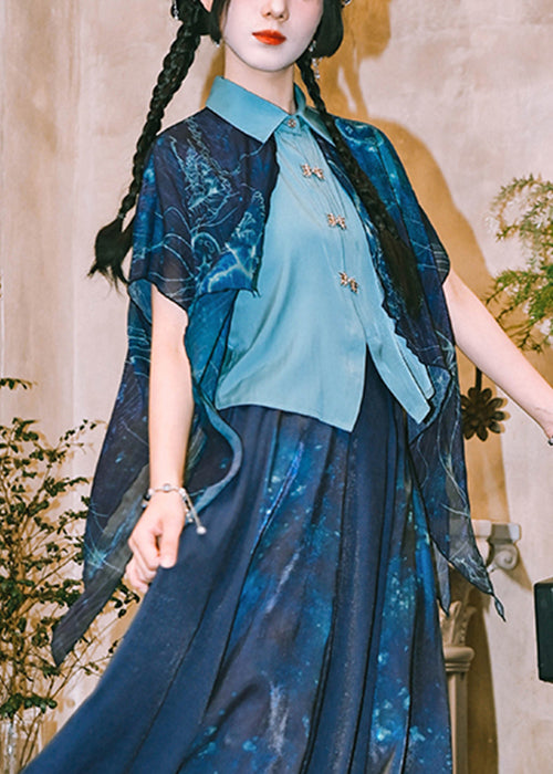 New Blue Print False Two Pieces Patchwork Chiffon Blouses Summer
