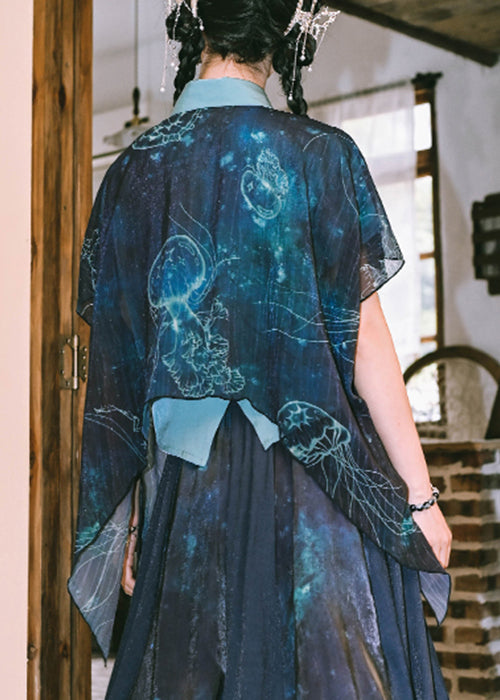 New Blue Print False Two Pieces Patchwork Chiffon Blouses Summer