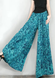 New Blue Print Oversized Elastic Waist Cotton Wide Leg Pants Summer