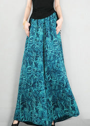 New Blue Print Oversized Elastic Waist Cotton Wide Leg Pants Summer