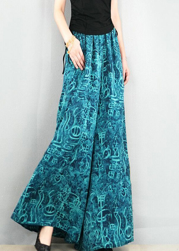 New Blue Print Oversized Elastic Waist Cotton Wide Leg Pants Summer