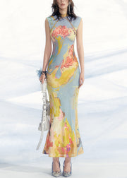 New Blue Print Wear On Both Sides Tulle Long Dress Sleeveless