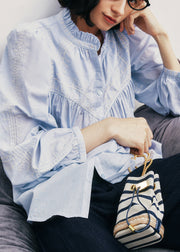 New Blue Ruffled Button Patchwork Cotton Shirts Top Fall