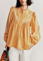 New Blue Ruffled Button Patchwork Cotton Shirts Top Fall