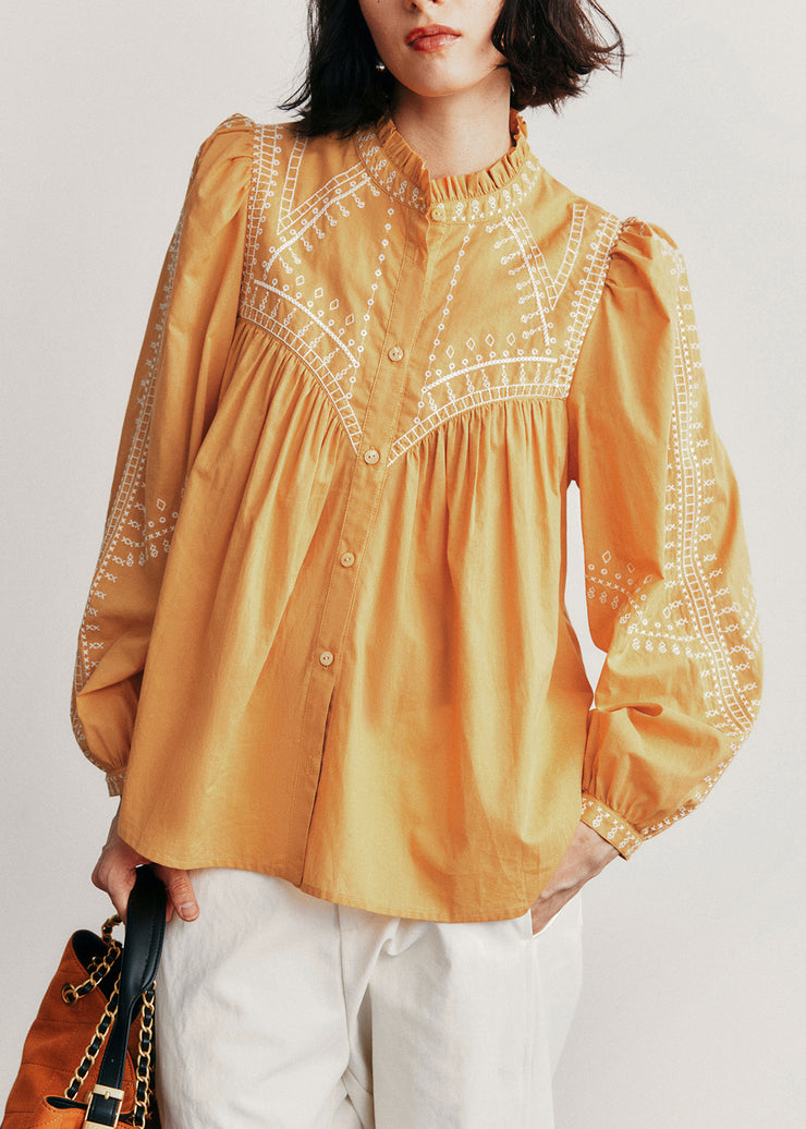New Blue Ruffled Button Patchwork Cotton Shirts Top Fall